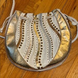 White, Silver and Gold Leather Vintage Women's Bag with Gold Studs